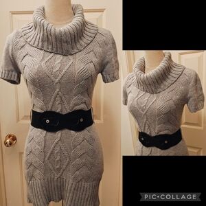 Vintage No Boundaries Grey Cable Knit Sweater Dress w Chunky Black Belt.